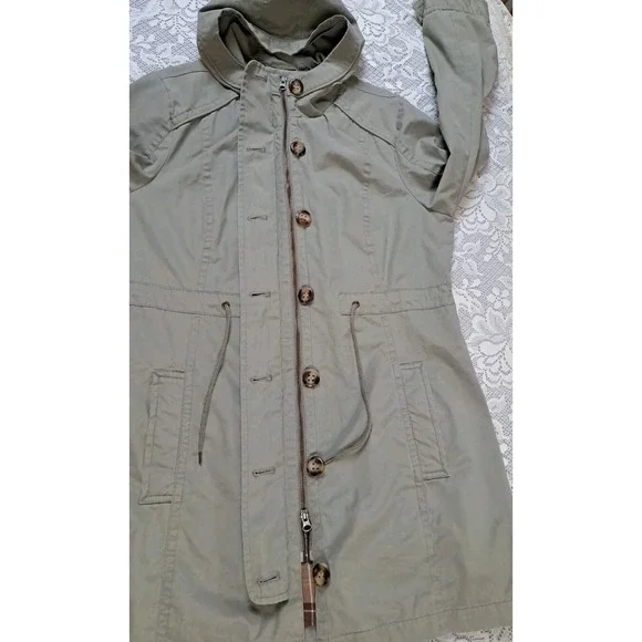 LL Bean Coat L 2-in-1 Hooded Army Green Fleece Removable Liner Drawstring Waist - Picture 5 of 12